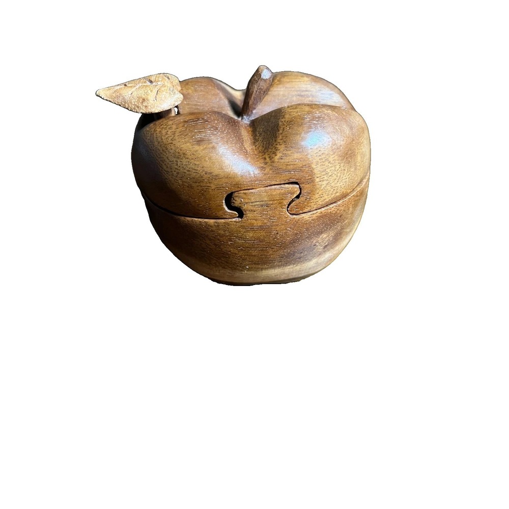 Vintage Wooden  Teak Apple Shaped Secret Box, 1970s 3.1" x 3.1" MCM Mid Century